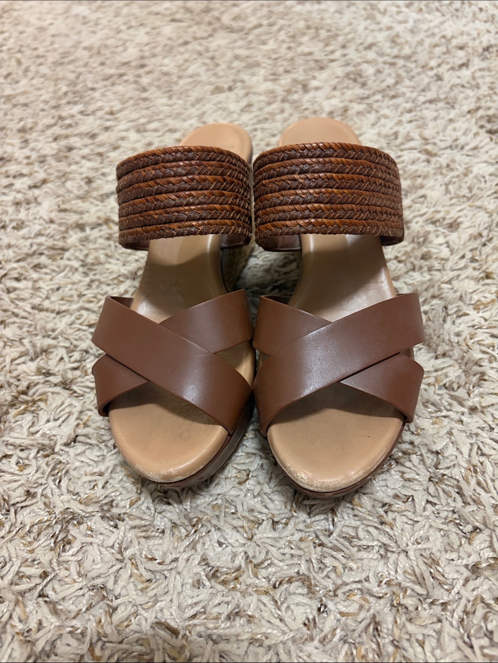 UGG Brown Crisscross Wedge Sandals with Woven Ankle Strap